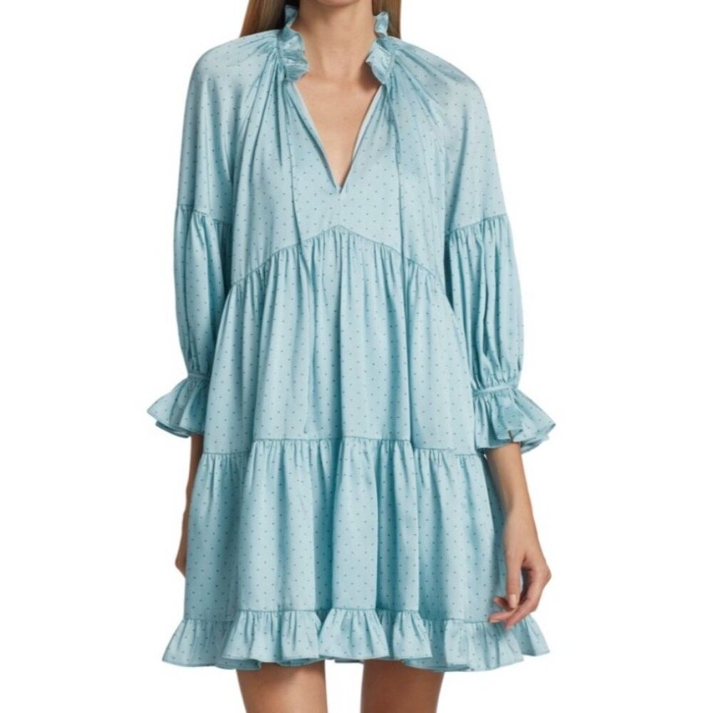 CINQ À SEPT 'Phyllis'‎ Pin-Dot Tiered Mini-Dress, Powder Blue/Hemp - Size 10